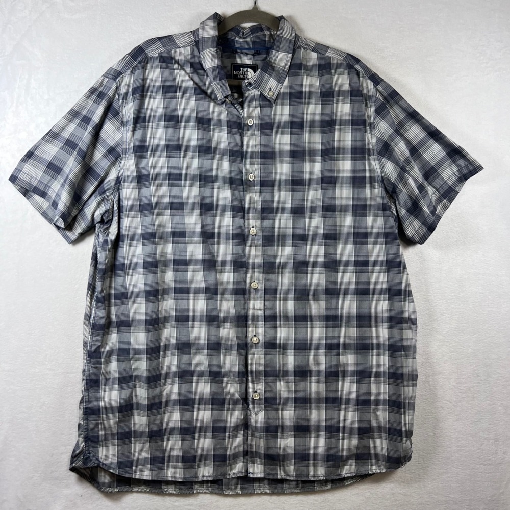 The North Face Mens XXL Blue Plaid Nylon Short Sleeve Button Down Hiking Shirt